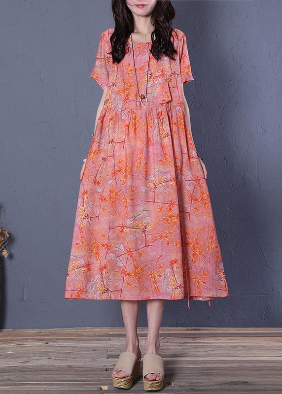 Chic o neck short sleeve cotton summer Wardrobes linen pink print Maxi Dresses