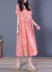 Chic o neck short sleeve cotton summer Wardrobes linen pink print Maxi Dresses