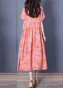 Chic o neck short sleeve cotton summer Wardrobes linen pink print Maxi Dresses