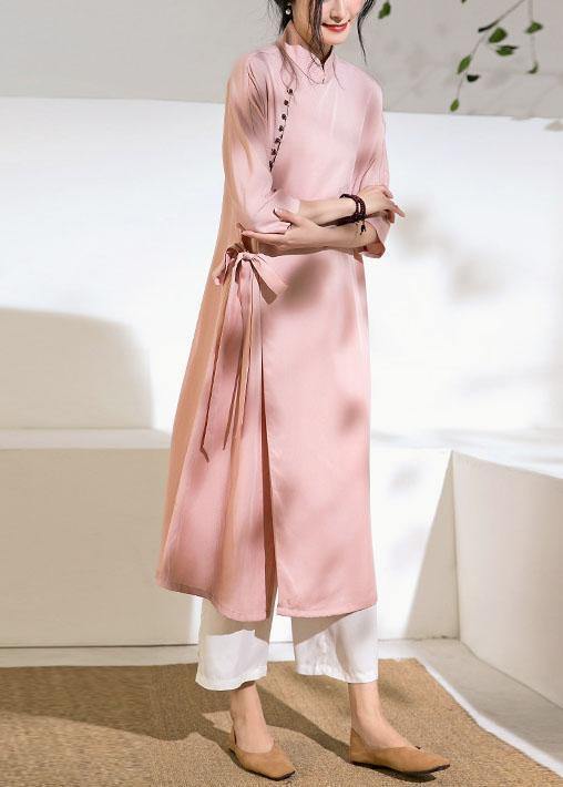 Chic pink Long Shirts stand collar tie waist Robe summer Dresses