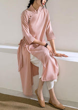 Load image into Gallery viewer, Chic pink Long Shirts stand collar tie waist Robe summer Dresses