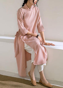 Chic pink Long Shirts stand collar tie waist Robe summer Dresses