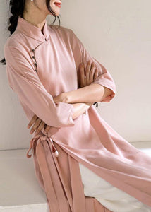 Chic pink Long Shirts stand collar tie waist Robe summer Dresses