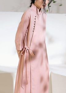 Chic pink Long Shirts stand collar tie waist Robe summer Dresses