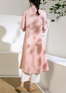 Chic pink Long Shirts stand collar tie waist Robe summer Dresses