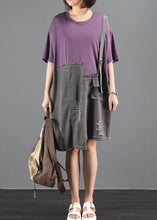 Load image into Gallery viewer, Chic purple patchwork denim dress pattern o neck baggy summer Dress