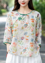 Load image into Gallery viewer, Chinese Style Beige O Neck Print Patchwork Linen T Shirts Summer