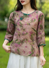 Load image into Gallery viewer, Chinese Style Beige O Neck Print Patchwork Linen T Shirts Summer