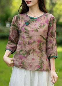 Chinese Style Beige O Neck Print Patchwork Linen T Shirts Summer