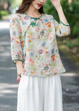 Load image into Gallery viewer, Chinese Style Beige O Neck Print Patchwork Linen T Shirts Summer