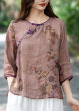 Load image into Gallery viewer, Chinese Style Beige O Neck Print Patchwork Linen T Shirts Summer