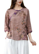 Load image into Gallery viewer, Chinese Style Beige O Neck Print Patchwork Linen T Shirts Summer