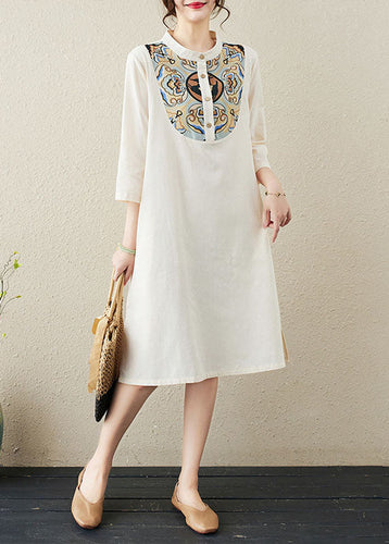 Chinese Style Beige Stand Collar Print Patchwork Linen Mid Dresses Summer