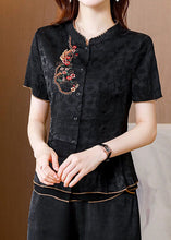 Load image into Gallery viewer, Chinese Style Black Embroideried Patchwork Silk Shirts Summer