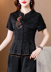 Chinese Style Black Embroideried Patchwork Silk Shirts Summer