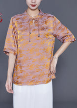 Load image into Gallery viewer, Chinese Style Golden Purple Mandarin Collar Tassel Print Silk Shirts Summer