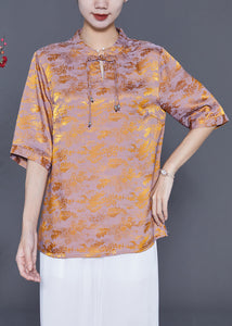 Chinese Style Golden Purple Mandarin Collar Tassel Print Silk Shirts Summer