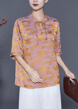 Load image into Gallery viewer, Chinese Style Golden Purple Mandarin Collar Tassel Print Silk Shirts Summer