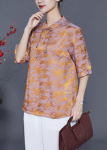 Load image into Gallery viewer, Chinese Style Golden Purple Mandarin Collar Tassel Print Silk Shirts Summer