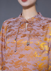 Chinese Style Golden Purple Mandarin Collar Tassel Print Silk Shirts Summer