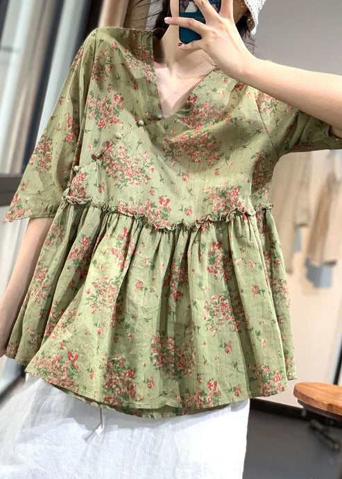 Chinese Style Green V Neck Button Ruffled Print Cotton Linen Tops Half Sleeve