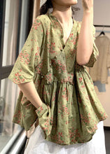 Load image into Gallery viewer, Chinese Style Green V Neck Button Ruffled Print Cotton Linen Tops Half Sleeve