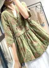 Load image into Gallery viewer, Chinese Style Green V Neck Button Ruffled Print Cotton Linen Tops Half Sleeve