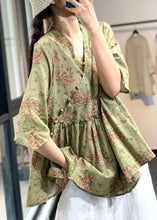 Load image into Gallery viewer, Chinese Style Green V Neck Button Ruffled Print Cotton Linen Tops Half Sleeve