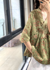 Chinese Style Green V Neck Button Ruffled Print Cotton Linen Tops Half Sleeve