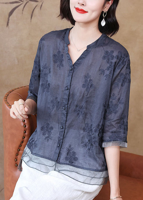 Chinese Style Navy Embroideried Patchwork Linen Shirts Bracelet Sleeve