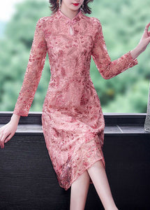 Chinese Style Pink Embroideried Lace Slim Fit Dresses Spring