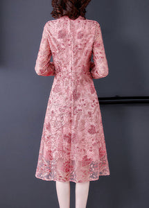 Chinese Style Pink Embroideried Lace Slim Fit Dresses Spring