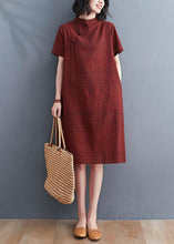 Load image into Gallery viewer, Chinese Style Red Plaid Patchwork Cotton Mid Dress Short Sleeve