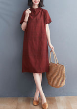 Load image into Gallery viewer, Chinese Style Red Plaid Patchwork Cotton Mid Dress Short Sleeve