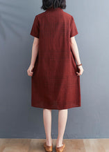 Load image into Gallery viewer, Chinese Style Red Plaid Patchwork Cotton Mid Dress Short Sleeve