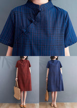 Load image into Gallery viewer, Chinese Style Red Plaid Patchwork Cotton Mid Dress Short Sleeve