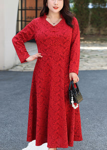 Chinese Style Red V Neck Patchwork Lace Long Dresses Fall