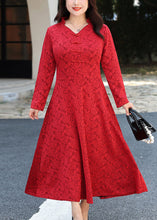 Load image into Gallery viewer, Chinese Style Red V Neck Patchwork Lace Long Dresses Fall