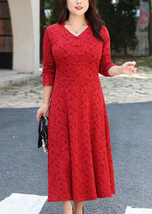 Chinese Style Red V Neck Patchwork Lace Long Dresses Fall