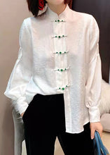 Load image into Gallery viewer, Chinese Style White Stand Collar Button Jacquard Silk Blouse Tops lantern sleeve