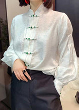 Load image into Gallery viewer, Chinese Style White Stand Collar Button Jacquard Silk Blouse Tops lantern sleeve