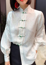 Load image into Gallery viewer, Chinese Style White Stand Collar Button Jacquard Silk Blouse Tops lantern sleeve