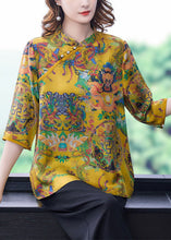 Load image into Gallery viewer, Chinese Style Yellow Stand Collar Print Silk Shirt Top Half Sleeve