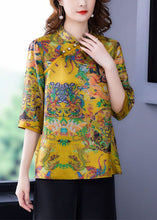 Load image into Gallery viewer, Chinese Style Yellow Stand Collar Print Silk Shirt Top Half Sleeve