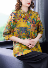 Load image into Gallery viewer, Chinese Style Yellow Stand Collar Print Silk Shirt Top Half Sleeve