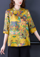 Load image into Gallery viewer, Chinese Style Yellow Stand Collar Print Silk Shirt Top Half Sleeve