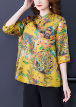 Load image into Gallery viewer, Chinese Style Yellow Stand Collar Print Silk Shirt Top Half Sleeve