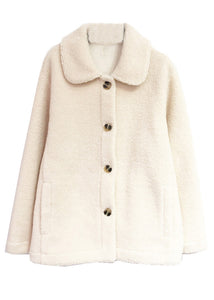 Classy Beige Peter Pan Collar Button Pockets Teddy Faux Fur Coat Fall