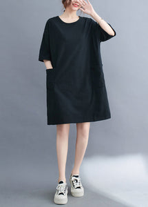 Classy Black Oversized Pockets Cotton Mid Dress Summer