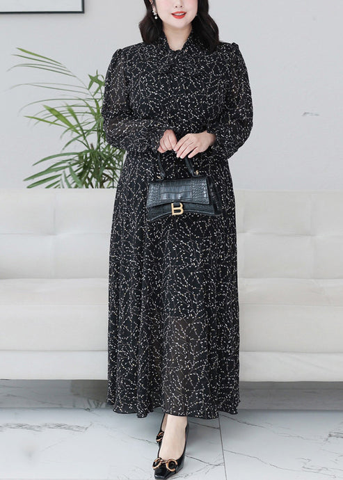 Classy Black Print Ruffled Chiffon Maxi Dresses Long Sleeve